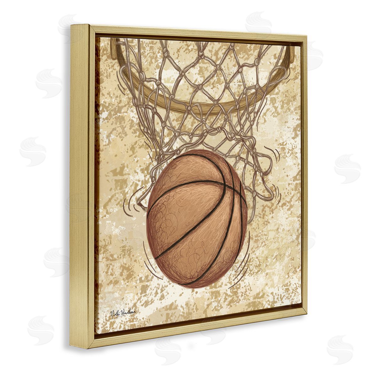 Nidhi Wadhwa Rustic Basketball in Hoop Gold Floating Frame Canvas Wall Art Print