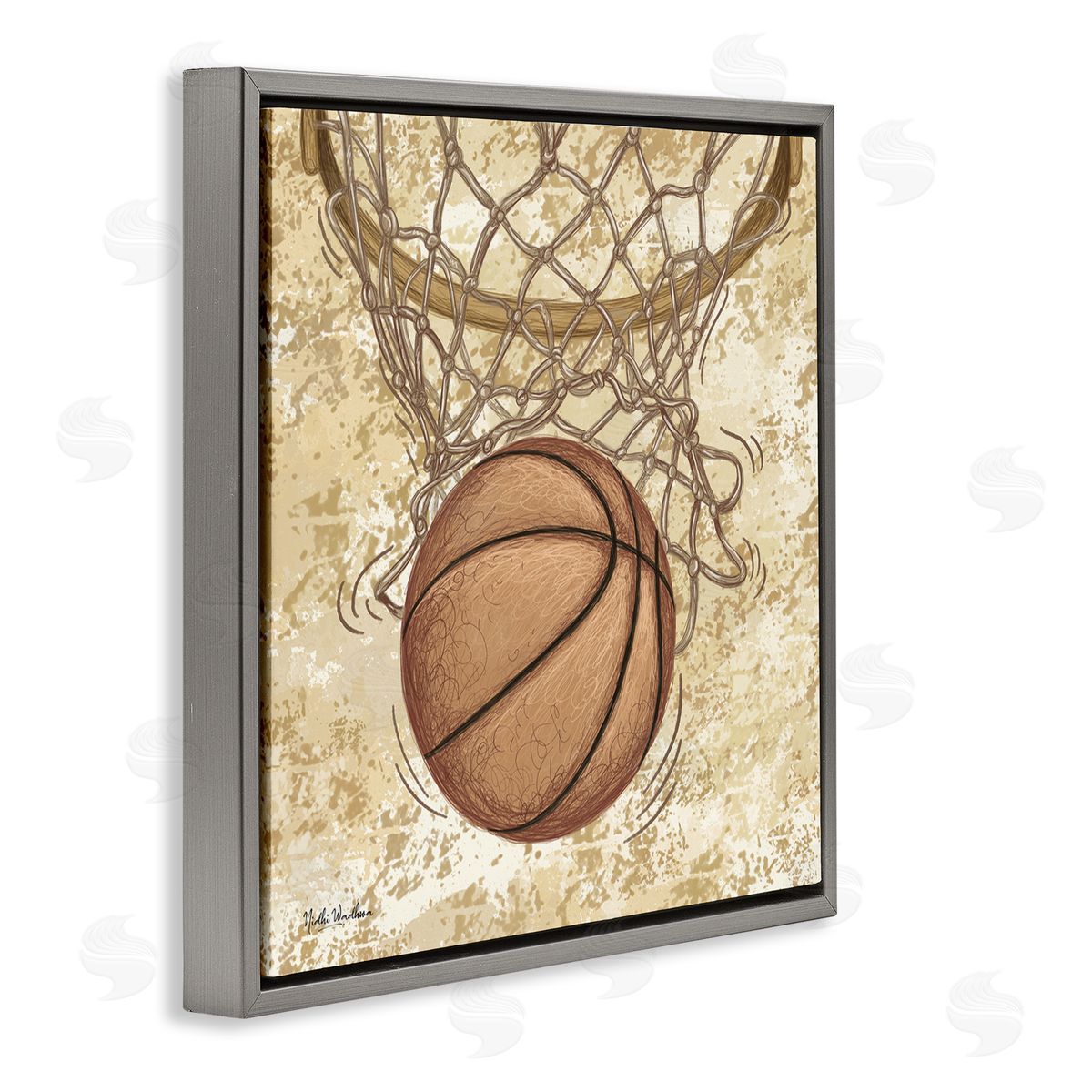Nidhi Wadhwa Rustic Basketball in Hoop Gray Floating Frame Canvas Wall Art Print
