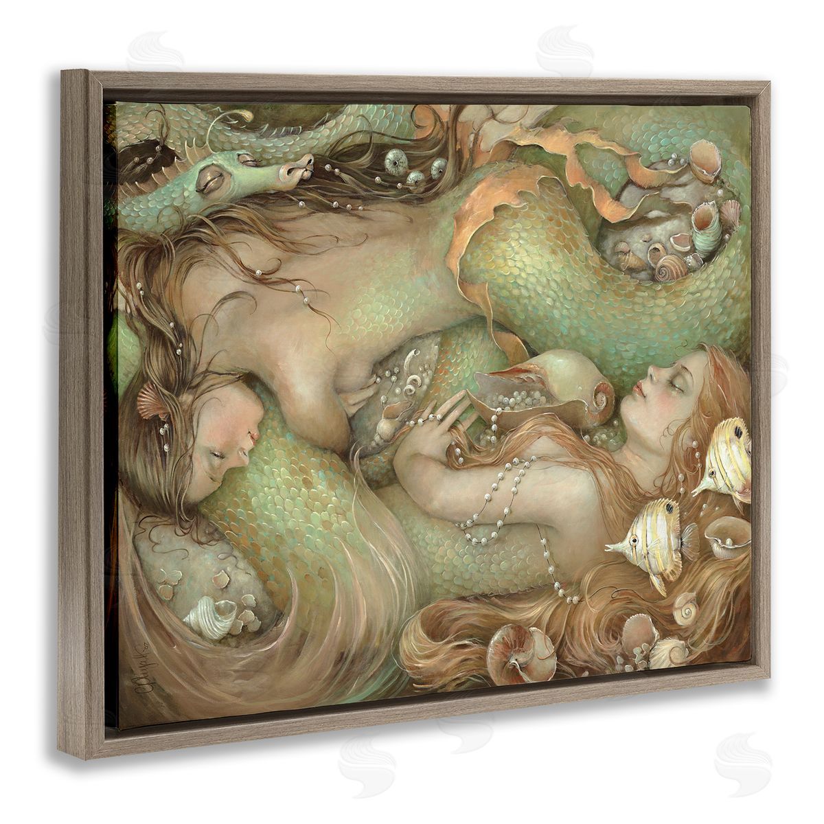 Two Mermaids Underwater Brown Floating Frame Canvas Wall Art, Home Decor by Christina P. Wyatt