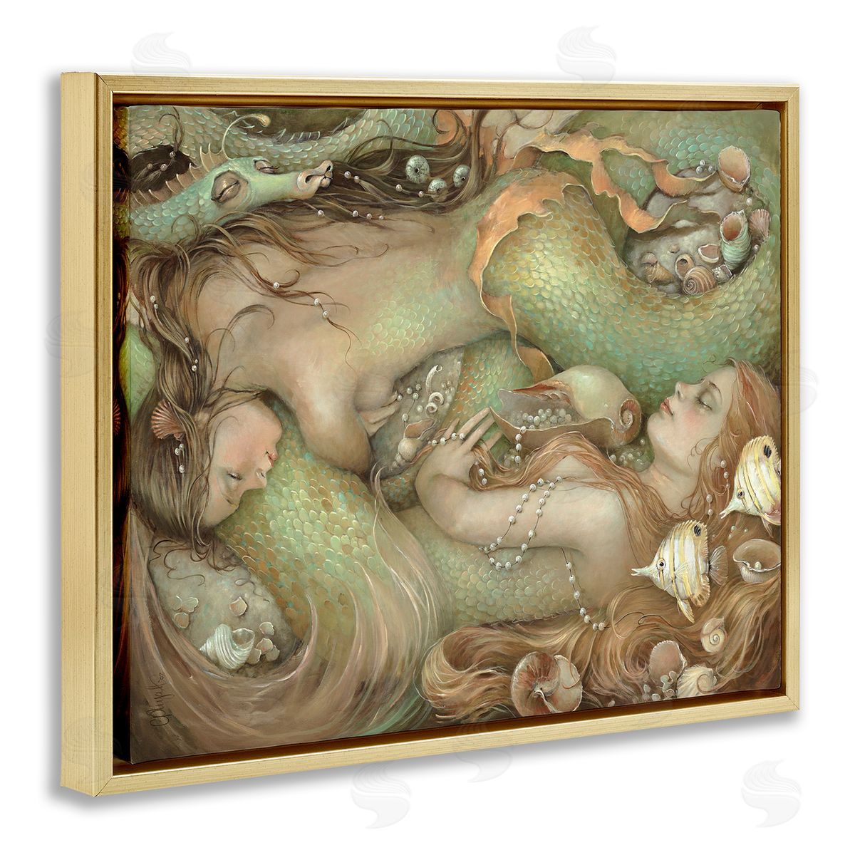 Two Mermaids Underwater Gold Floating Frame Canvas Wall Art, Home Decor by Christina P. Wyatt