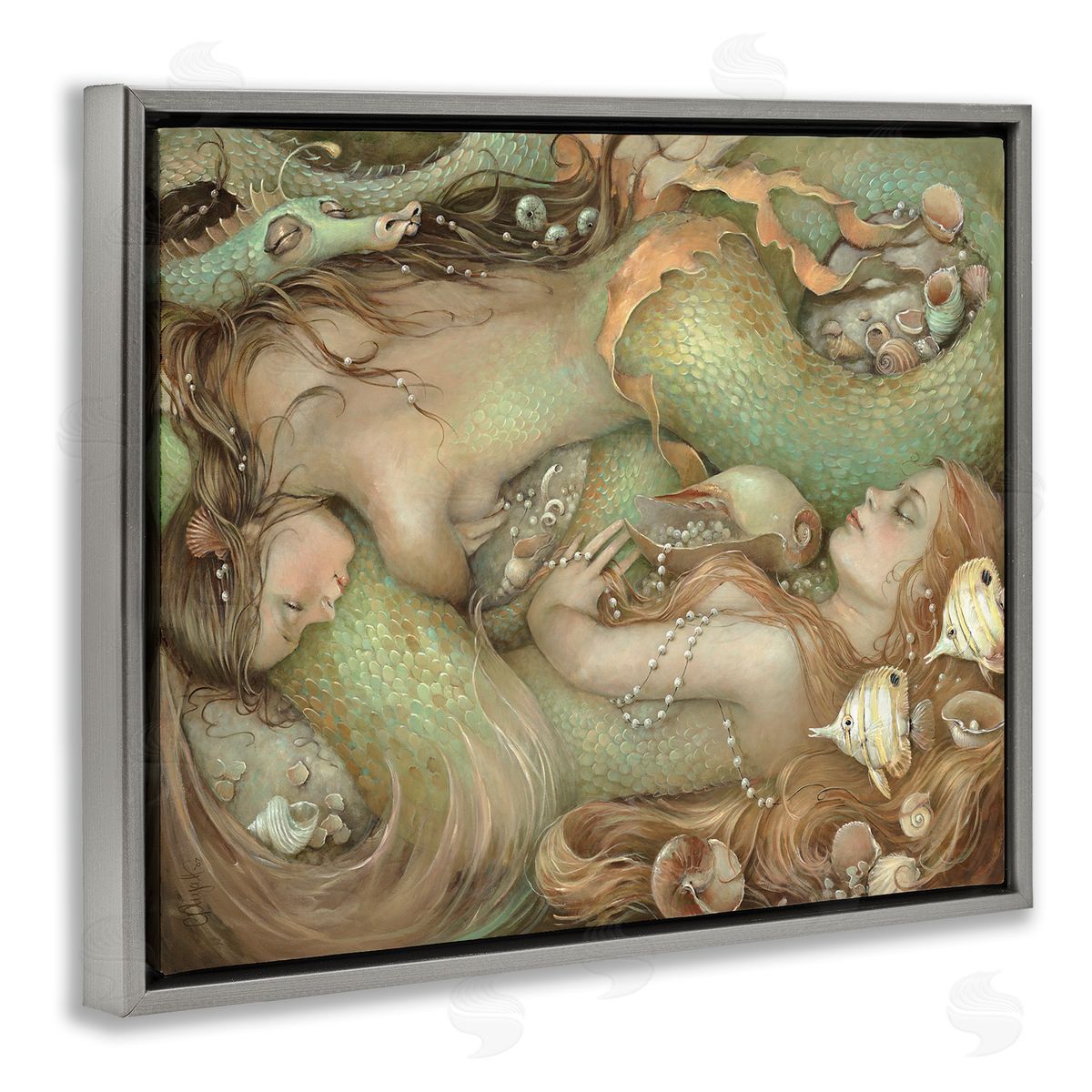Two Mermaids Underwater Grey Floating Frame Canvas Wall Art, Home Decor by Christina P. Wyatt