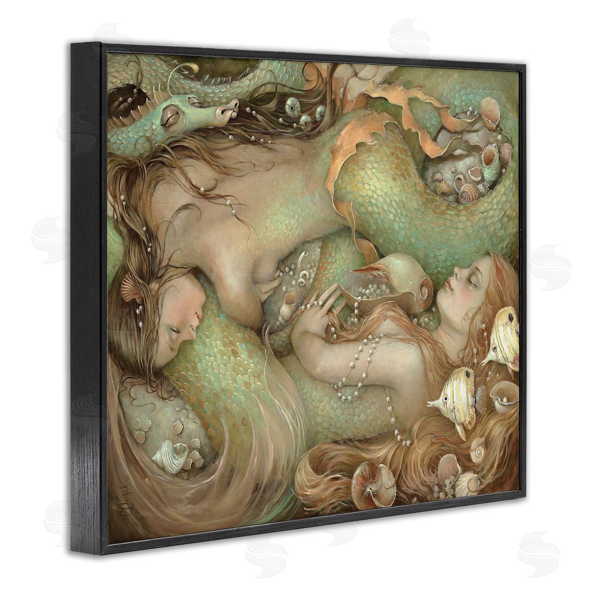 Two Mermaids Underwater Black Frame Print Wall Art, Home Decor by Christina P. Wyatt