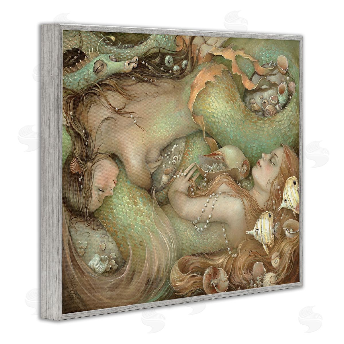 Two Mermaids Underwater Grey Frame Print Wall Art, Home Decor by Christina P. Wyatt