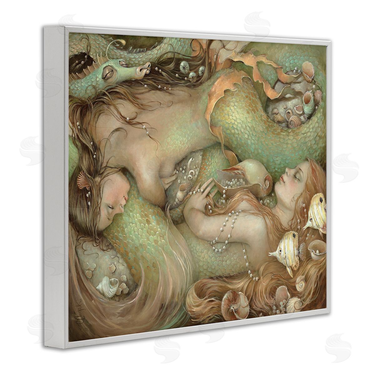 Two Mermaids Underwater White Frame Print Wall Art, Home Decor by Christina P. Wyatt