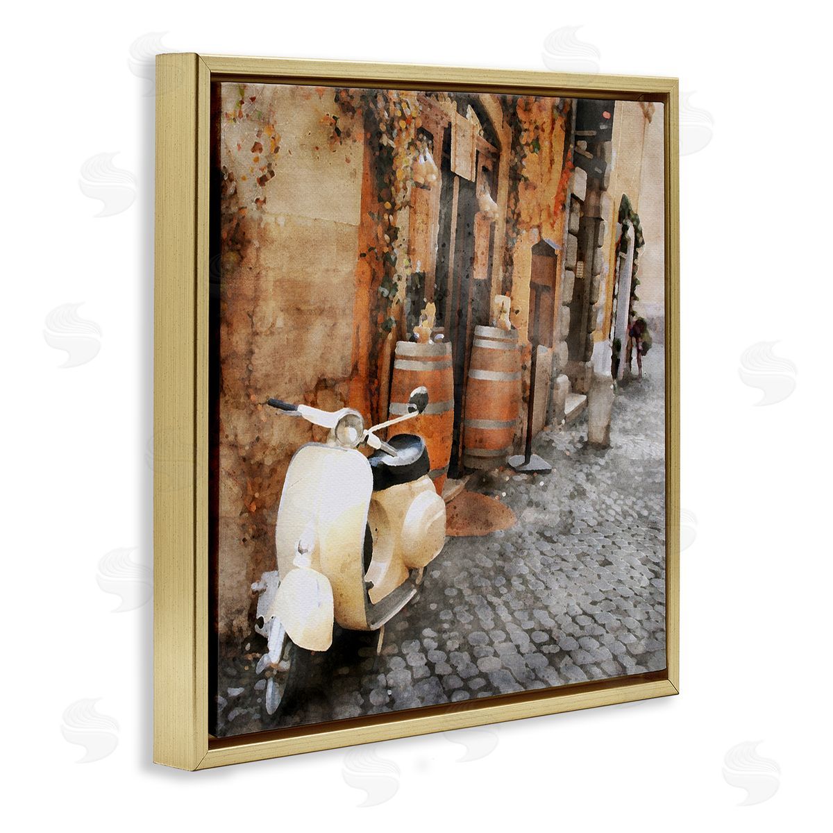 LSR Design Studio Moped in Town Alley Gold Floating Frame Canvas Wall Art Print