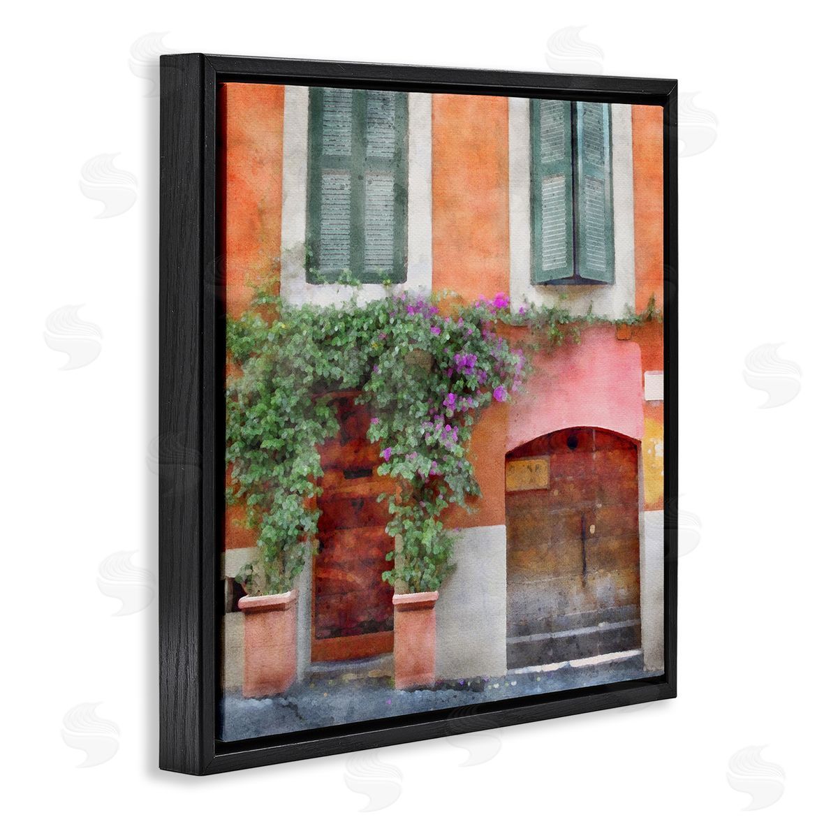 LSR Design Studio Floral Building in Italy Black Floating Frame Canvas Wall Art Print