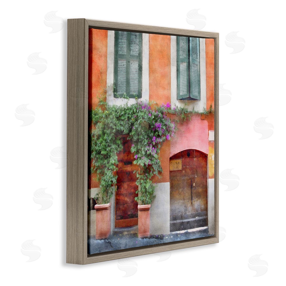 LSR Design Studio Floral Building in Italy Brown Floating Frame Canvas Wall Art Print