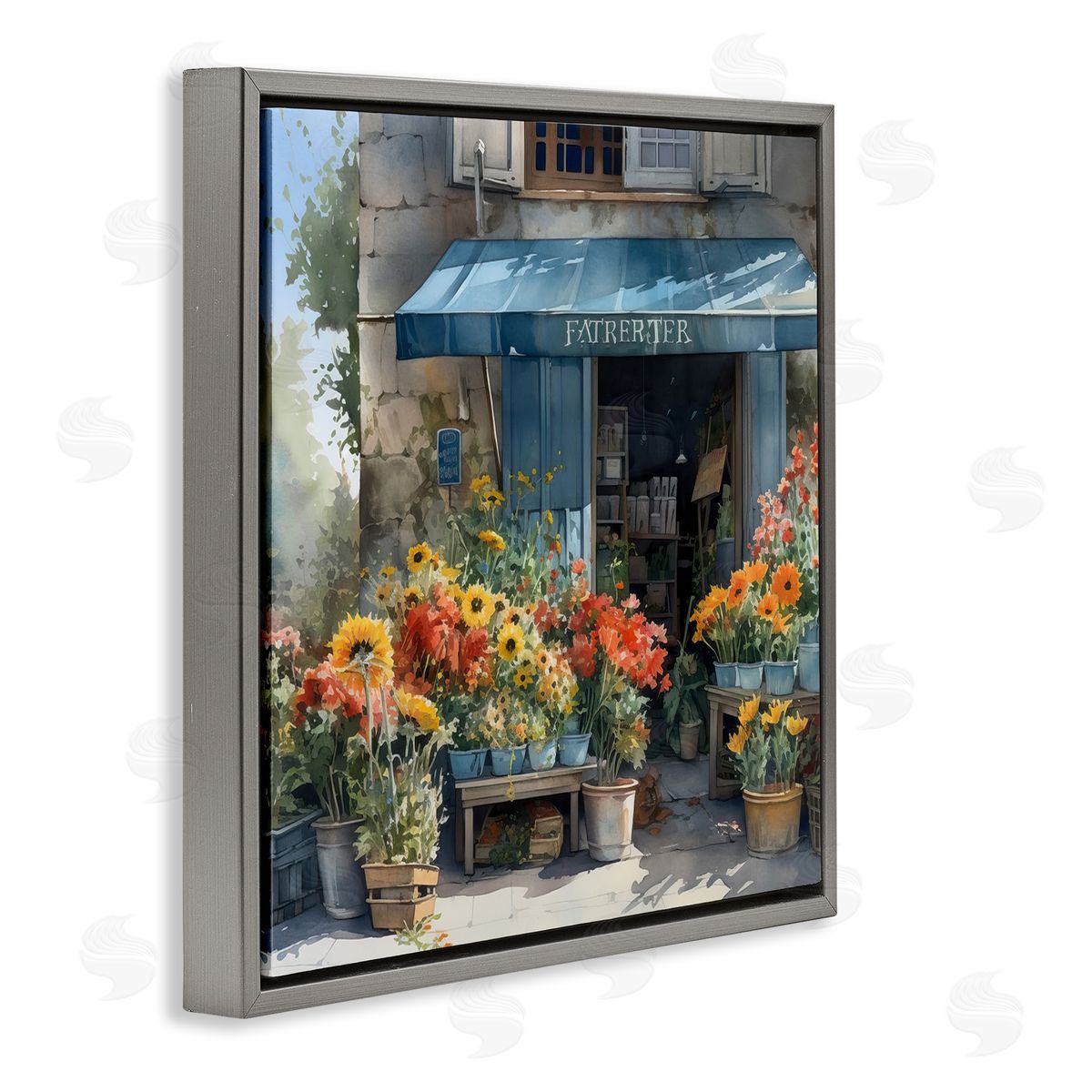 LSR Design Studio Village Flower Shop Gray Floating Frame Canvas Wall Art Print