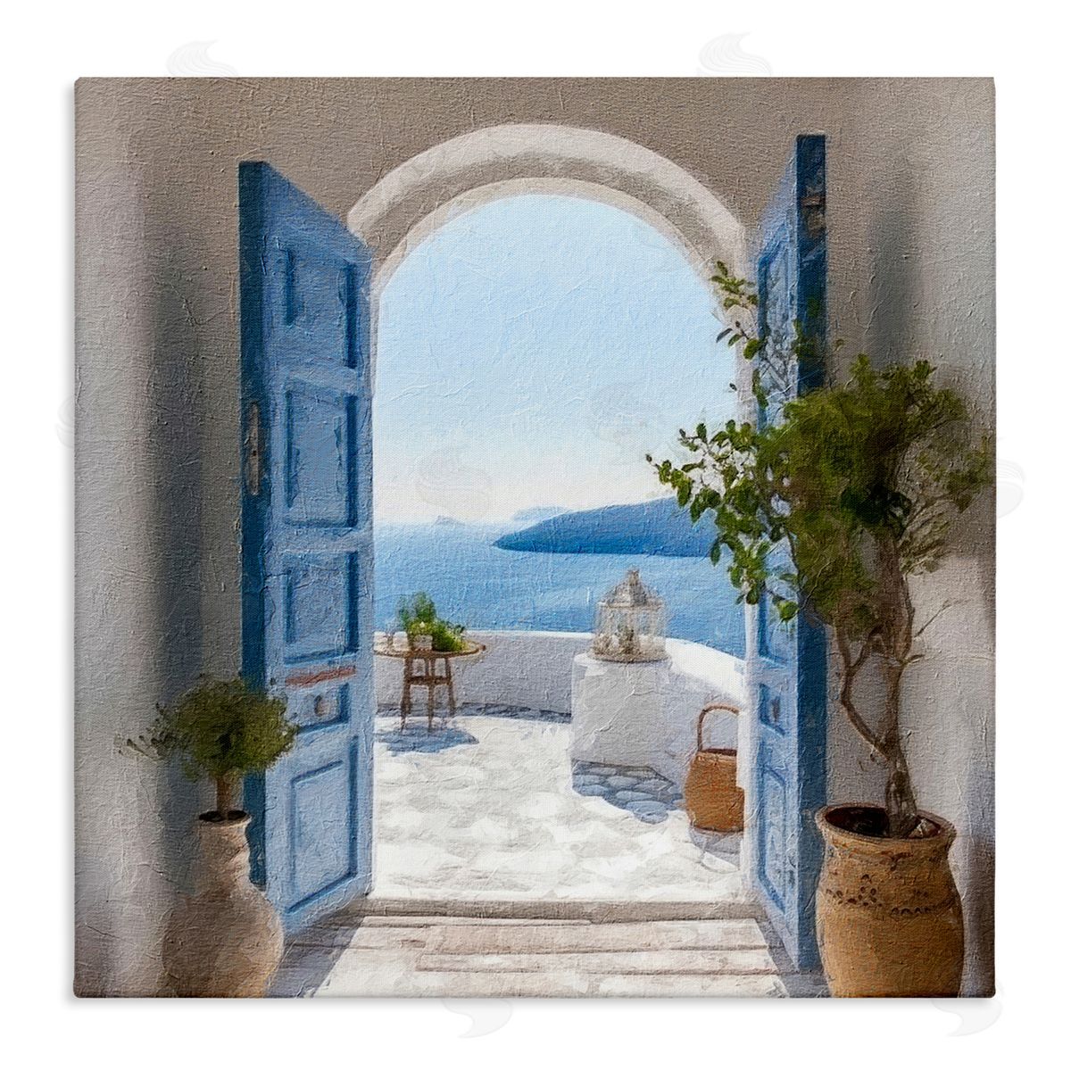 LSR Design Studio Blue Greek Door Scenery Stretched Canvas Wall Art Print