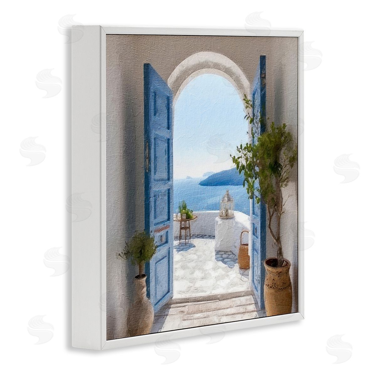 LSR Design Studio Blue Greek Door Scenery White Framed Glicee Wall Art Print
