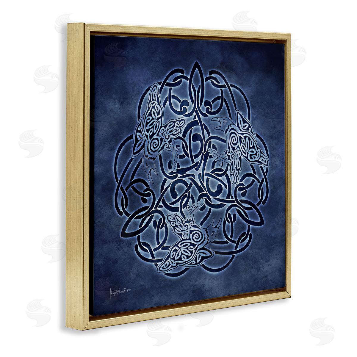Brigid Ashwood Blue Celtic Raven Pattern Gold Floater Frame Canvas Artside_