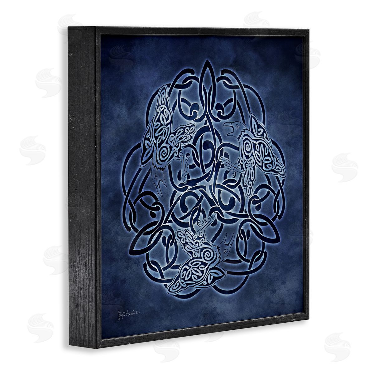 Brigid Ashwood Blue Celtic Raven Pattern Black Framed Giclee Wall Artside_
