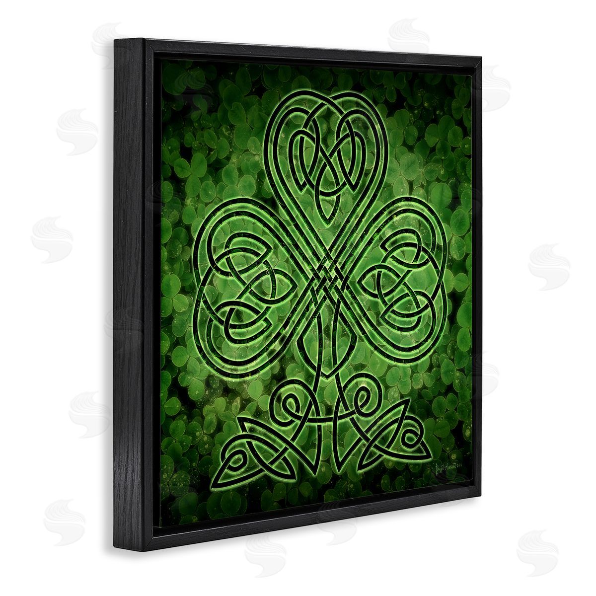 Green Celtic Shamrock Knot Black Floating Frame Canvas Wall Art, Home Decor by Brigid Ashwood
