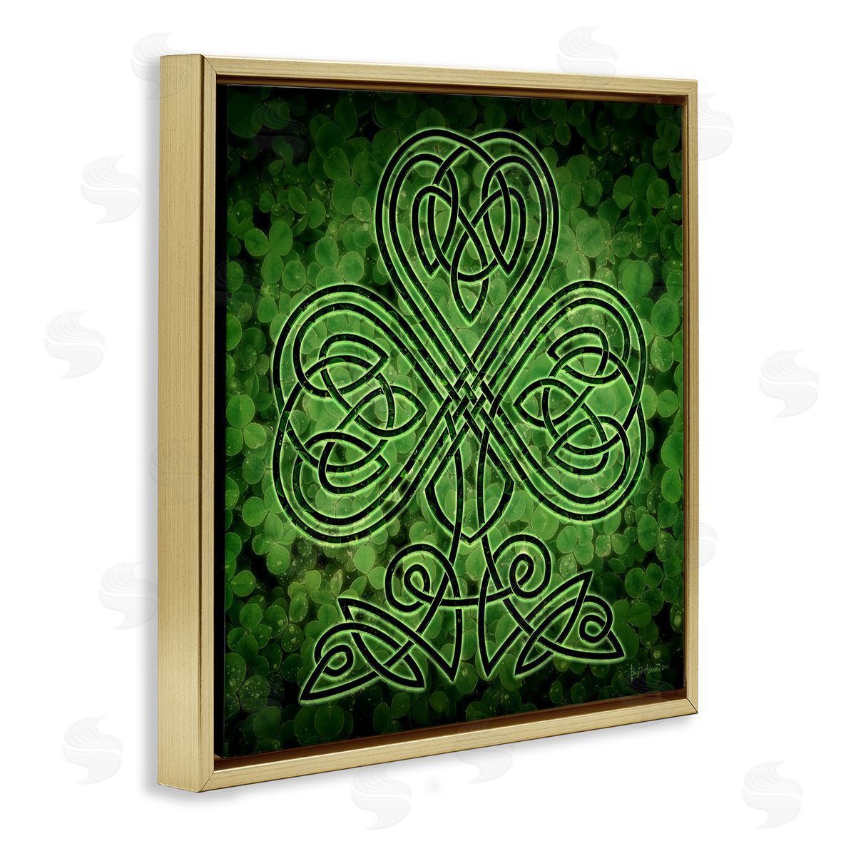 Green Celtic Shamrock Knot Gold Floating Frame Canvas Wall Art, Home Decor by Brigid Ashwood