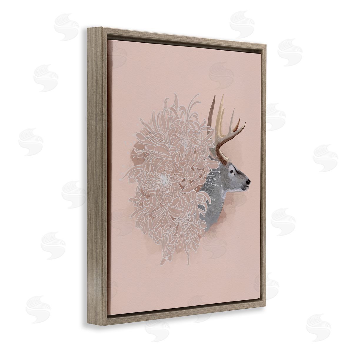 Katie O'Shea Pink Deer & Mum Flower Brown Floater Frame Canvas Artside_