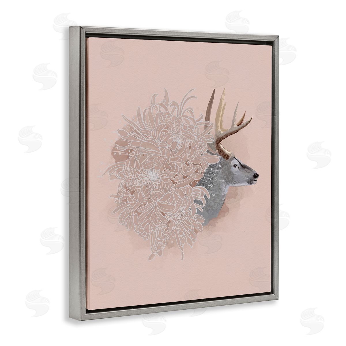 Katie O'Shea Pink Deer & Mum Flower Gray Floater Frame Canvas Artside_