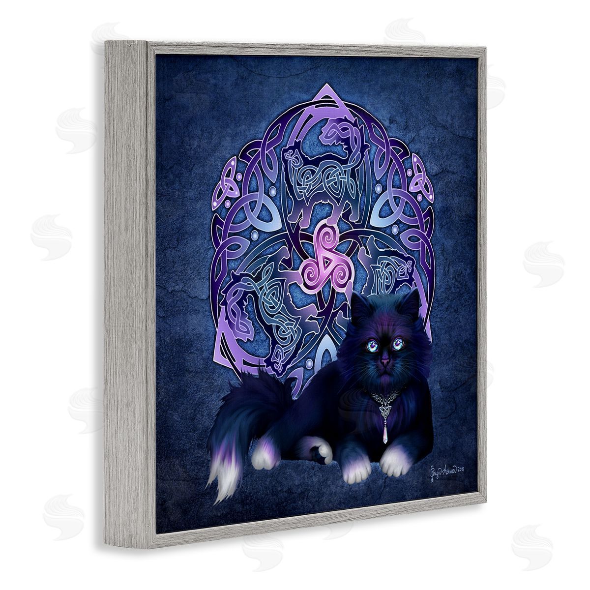 Brigid Ashwood Celtic Black Cat Fractal Gray Framed Giclee Wall Artside_