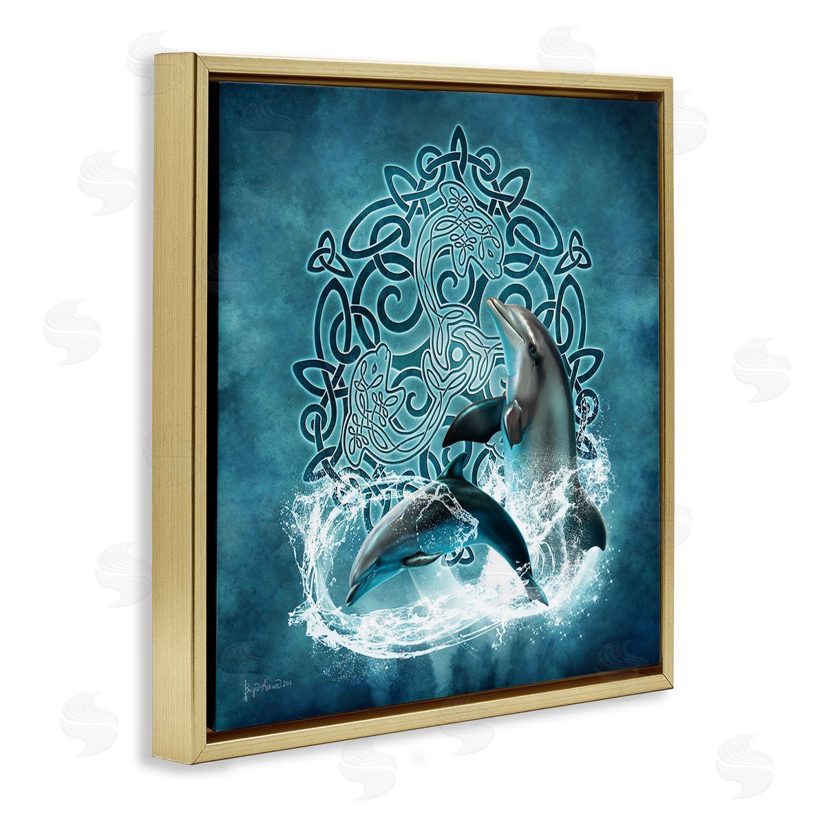 Brigid Ashwood Dolphin Celtic Knot Pattern Gold Floater Frame Canvas Artside_