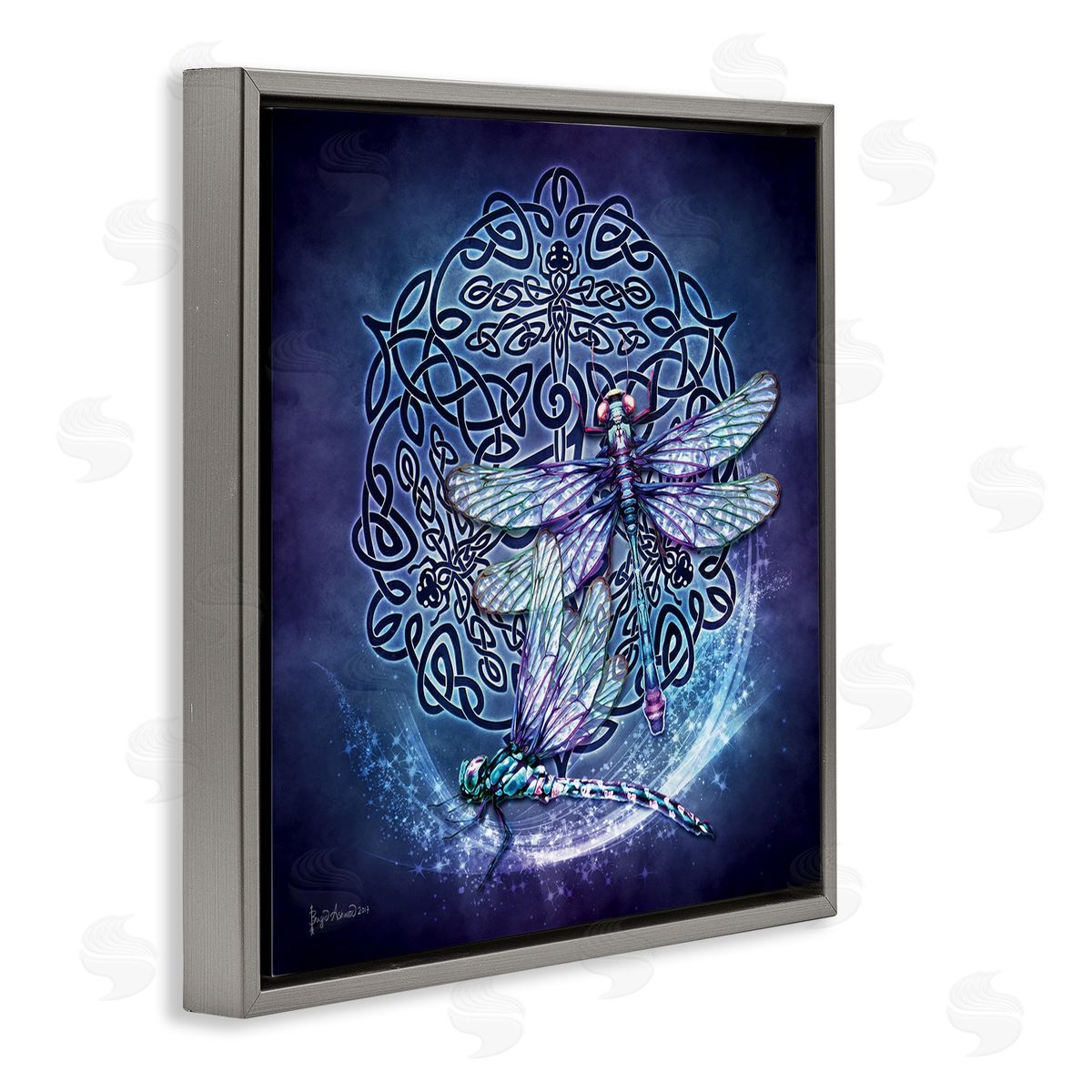 Dragonfly & Celtic Knot Grey Floating Frame Canvas Wall Art, Home Decor by Brigid Ashwood