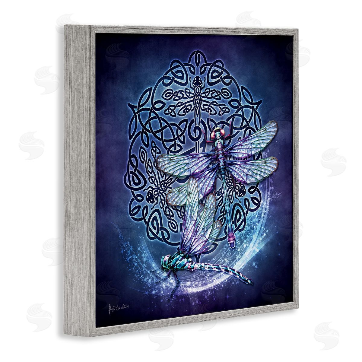 Dragonfly & Celtic Knot Grey Frame Print Wall Art, Home Decor by Brigid Ashwood