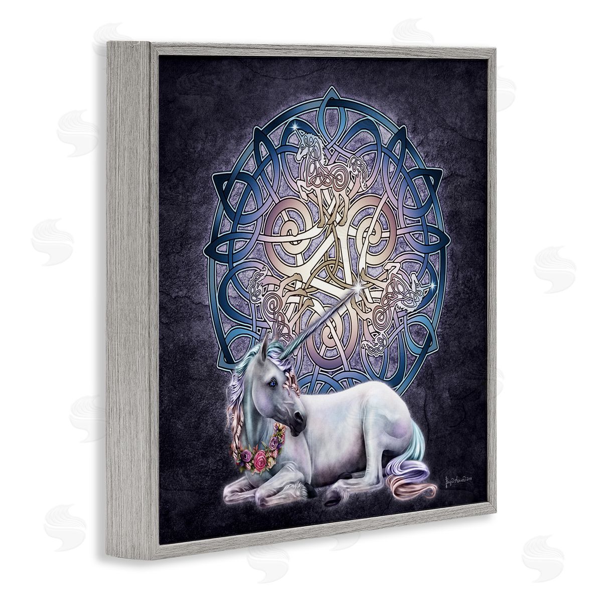 Brigid Ashwood Unicorn Celtic Pattern Gray Framed Giclee Wall Artside_