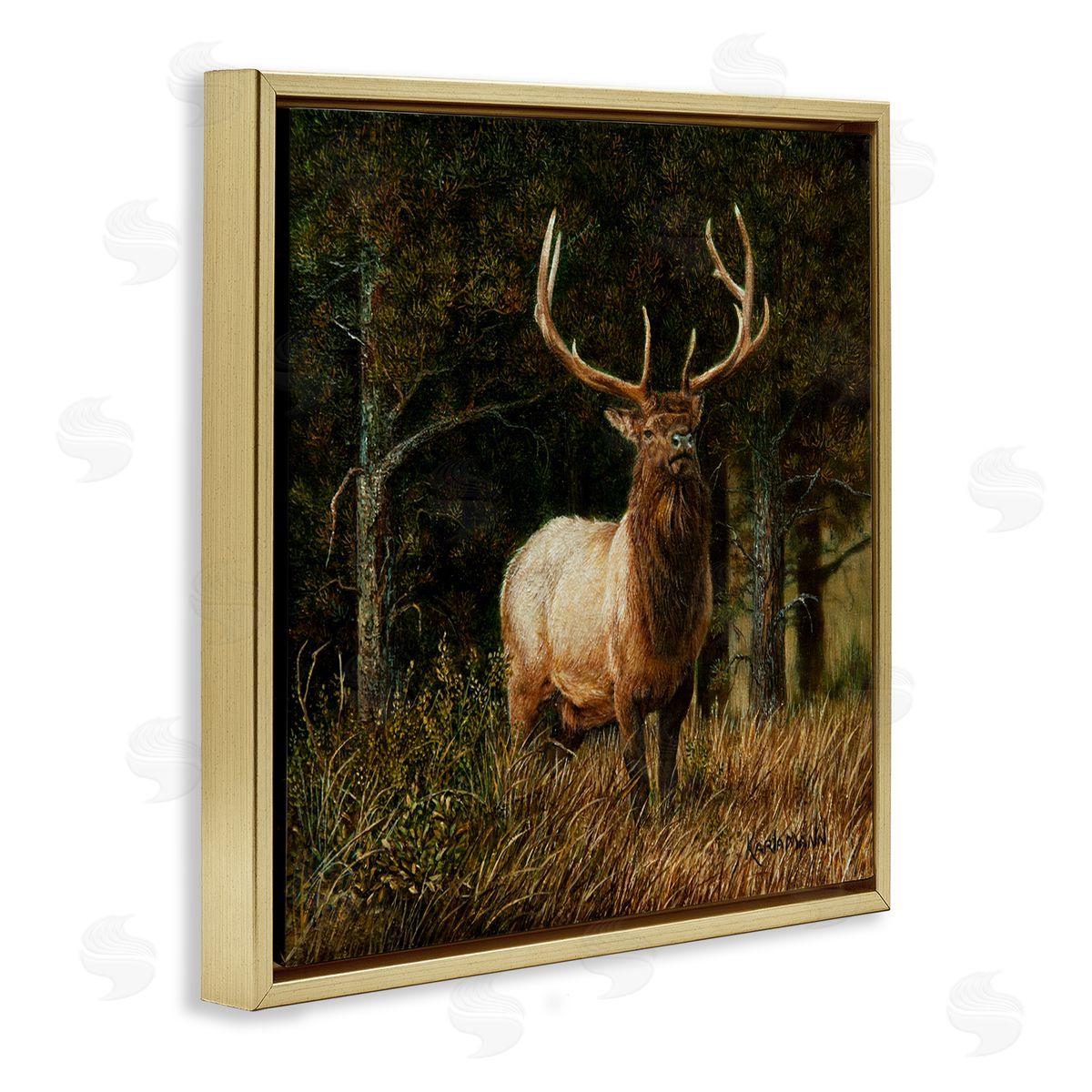Karla Mann Elk in Forest Painting Gold Floater Frame Canvas Artside_