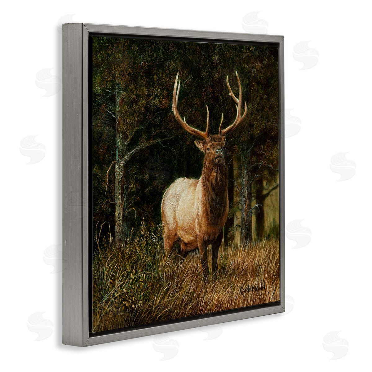 Karla Mann Elk in Forest Painting Gray Floater Frame Canvas Artside_