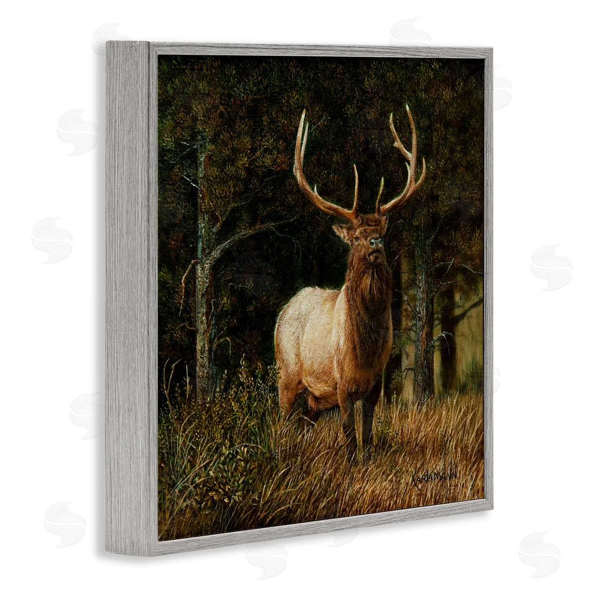 Karla Mann Elk in Forest Painting Gray Framed Giclee Wall Artside_