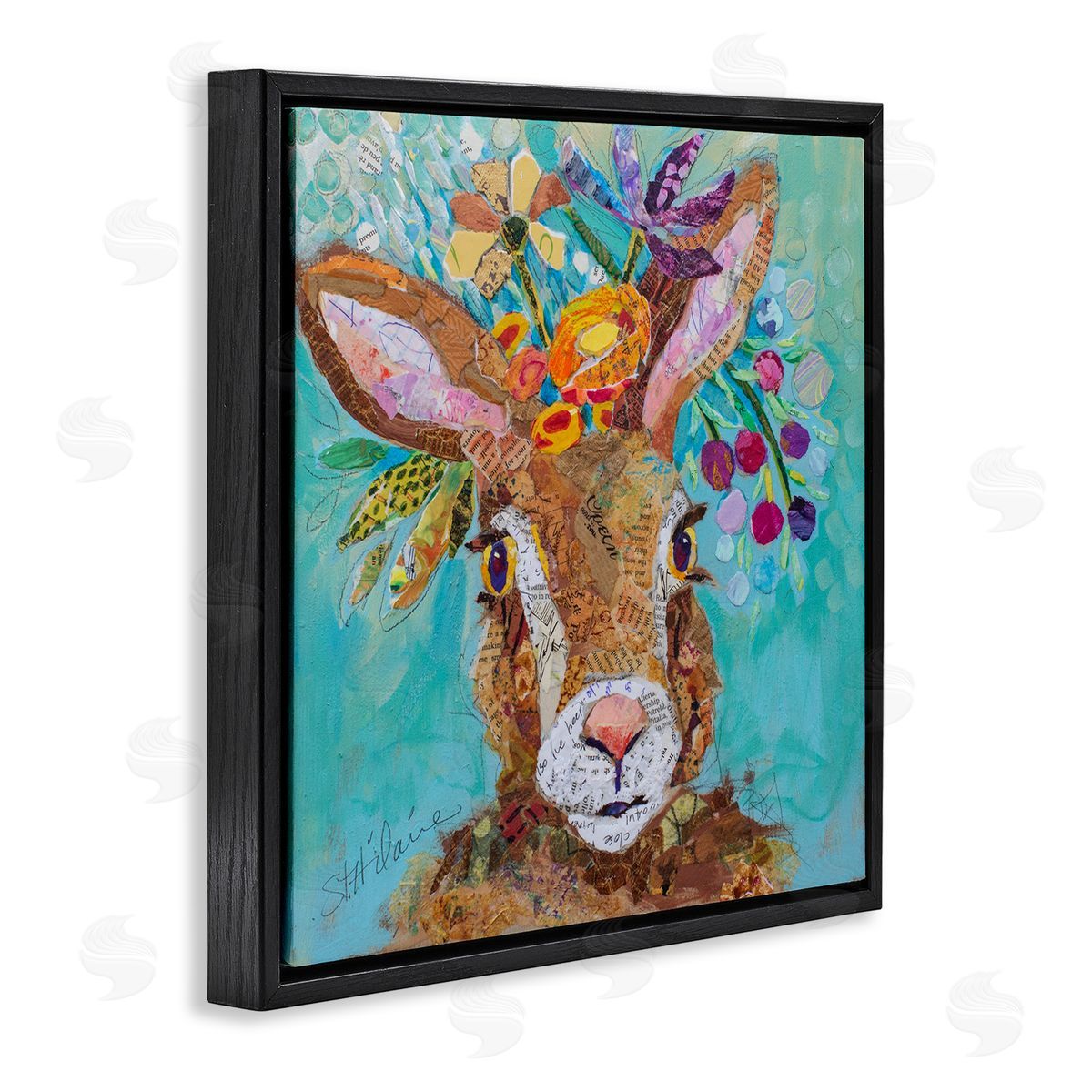 Elizabeth St. Hilaire Floral Rabbit Portrait Black Floater Frame Canvas Artside_