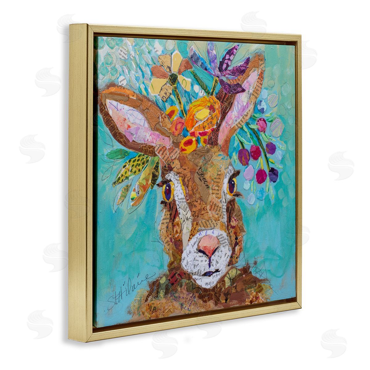 Elizabeth St. Hilaire Floral Rabbit Portrait Gold Floater Frame Canvas Artside_