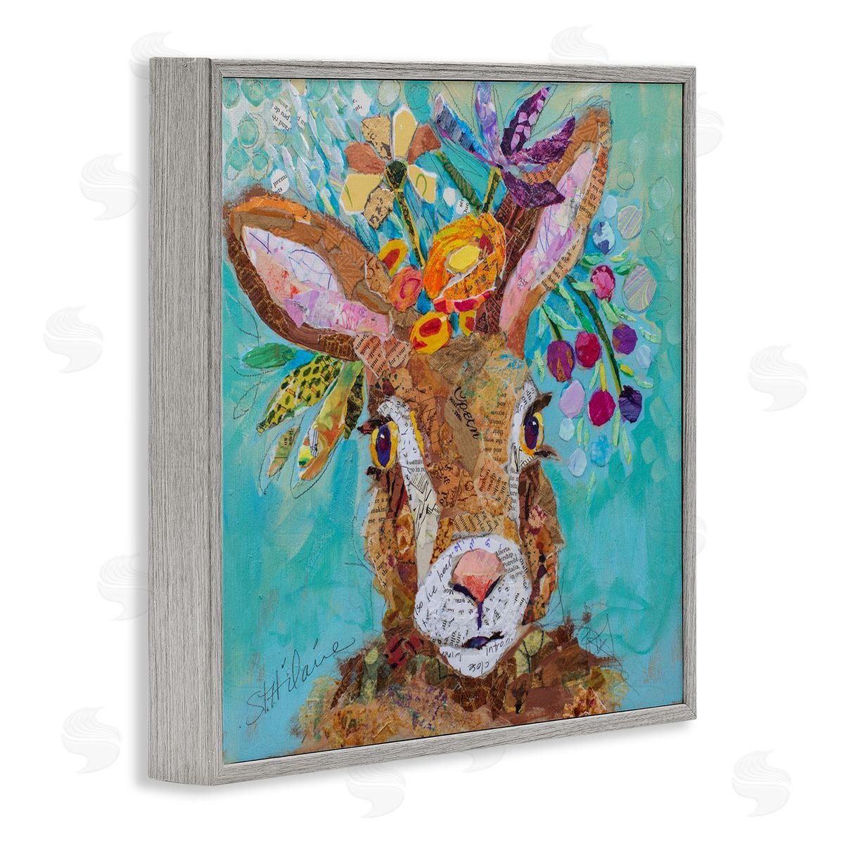 Elizabeth St. Hilaire Floral Rabbit Portrait Gray Framed Giclee Wall Artside_