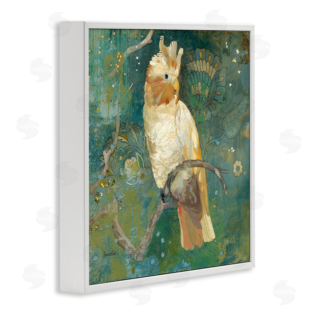 Evelia Designs Cockatoo Boho Pattern White Framed Giclee Wall Artside_
