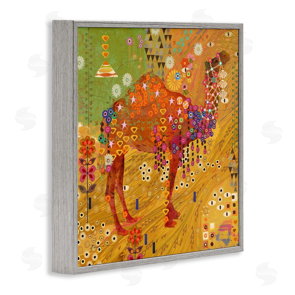 Evelia Designs Boho Patterned Camel Gray Framed Giclee Wall Artside_