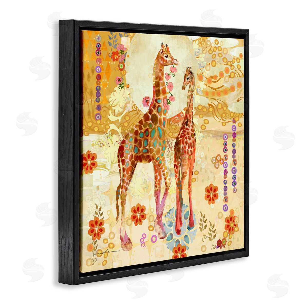 Evelia Designs Floral Patterned Giraffes Black Floater Frame Canvas Artside_
