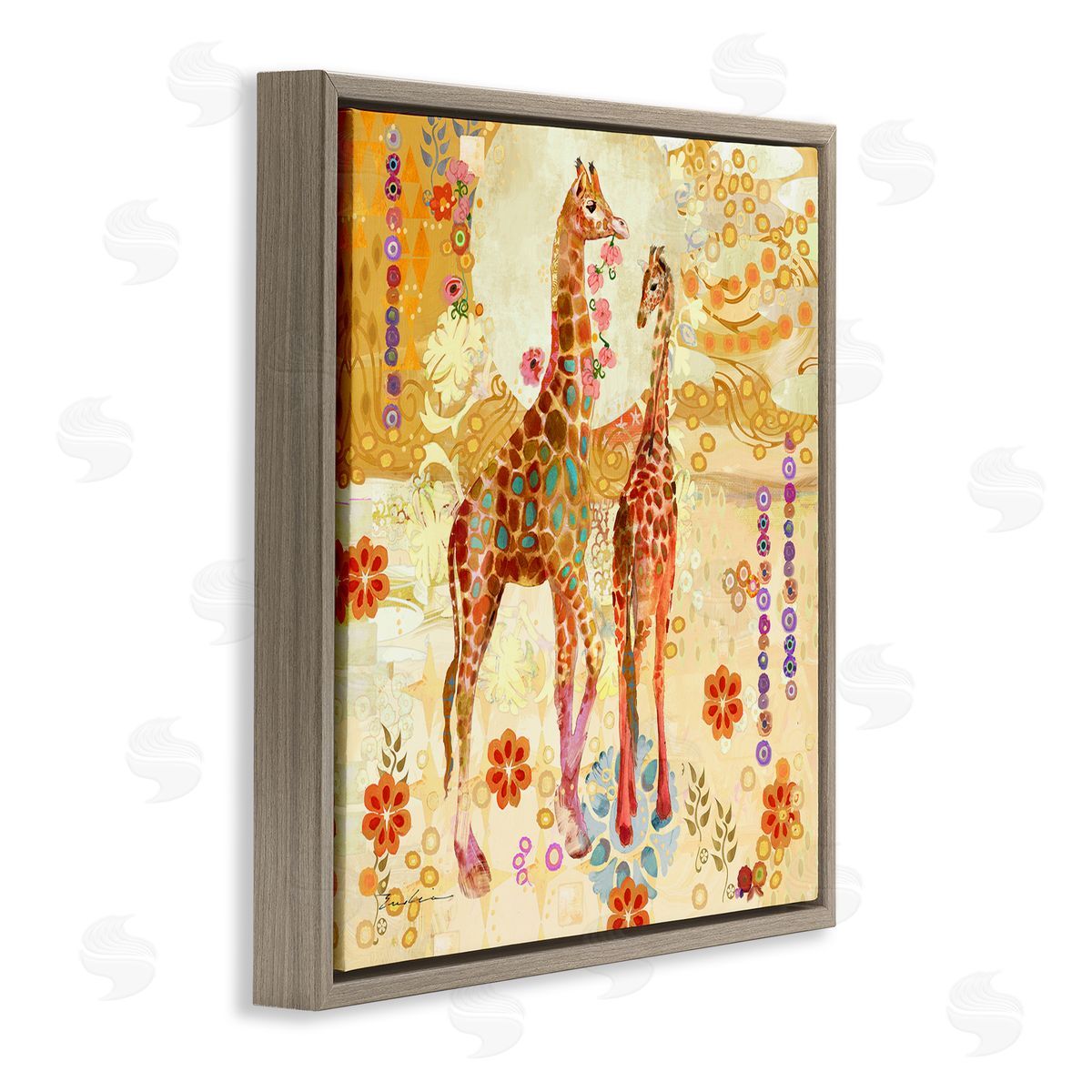 Evelia Designs Floral Patterned Giraffes Brown Floater Frame Canvas Artside_