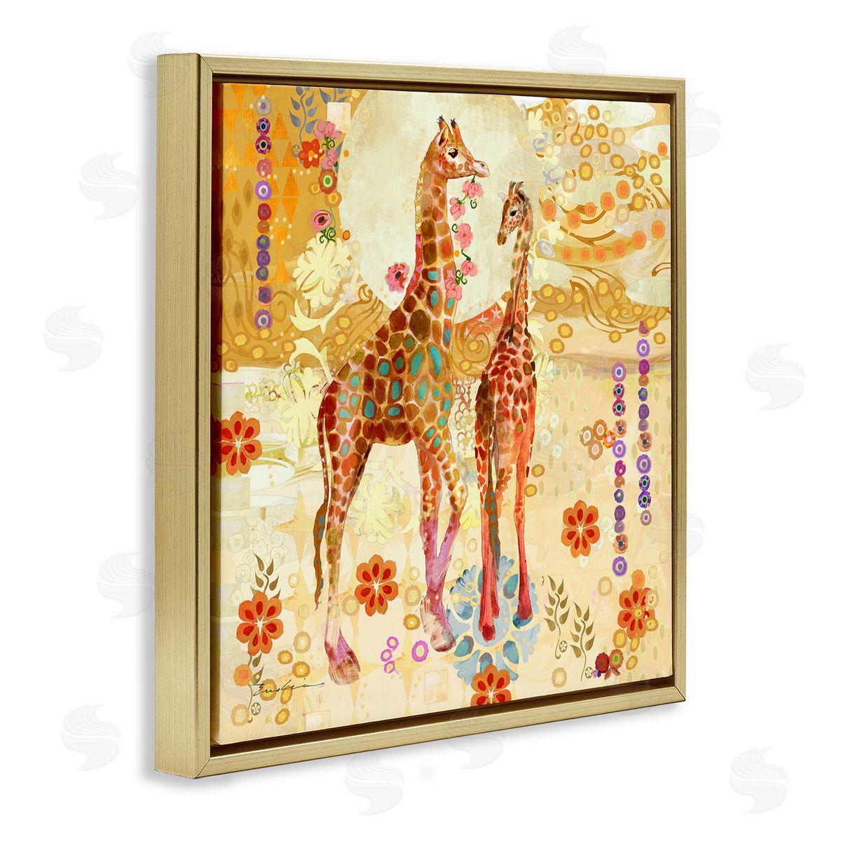 Evelia Designs Floral Patterned Giraffes Gold Floater Frame Canvas Artside_