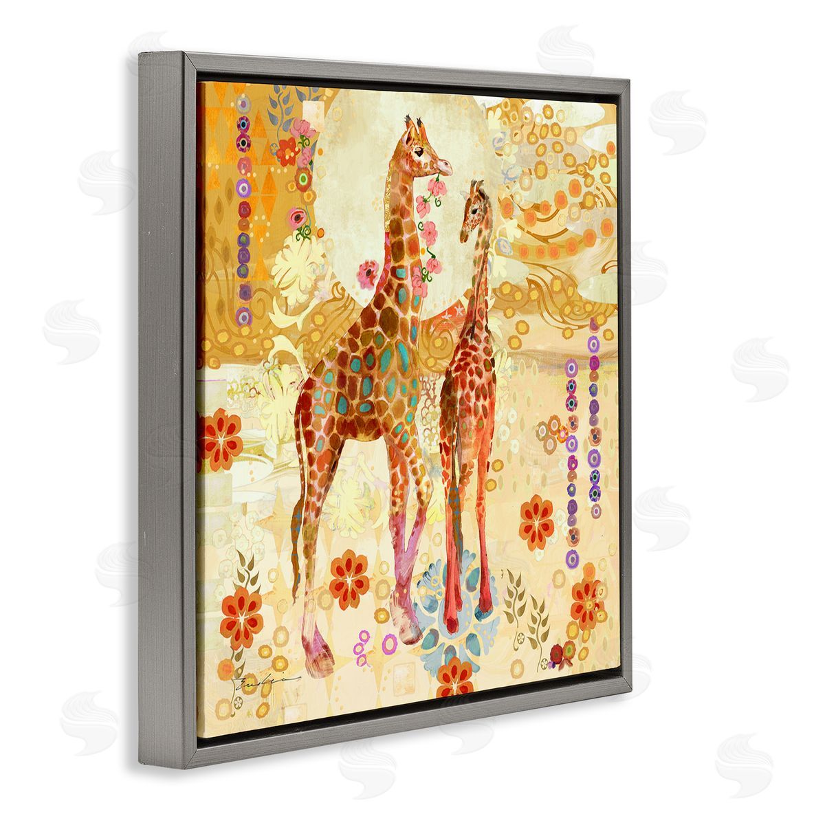 Evelia Designs Floral Patterned Giraffes Gray Floater Frame Canvas Artside_