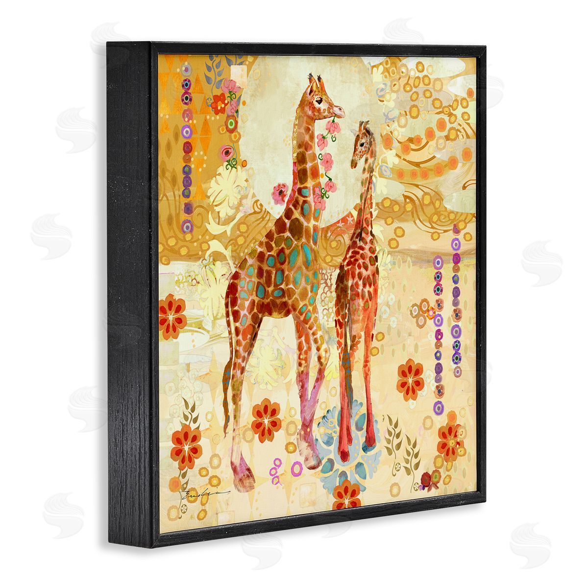 Evelia Designs Floral Patterned Giraffes Black Framed Giclee Wall Artside_