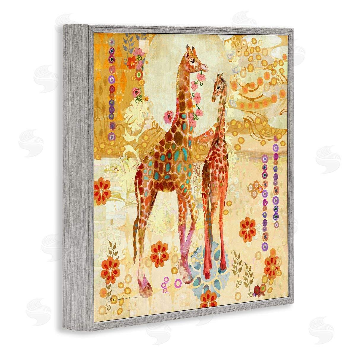 Evelia Designs Floral Patterned Giraffes Gray Framed Giclee Wall Artside_