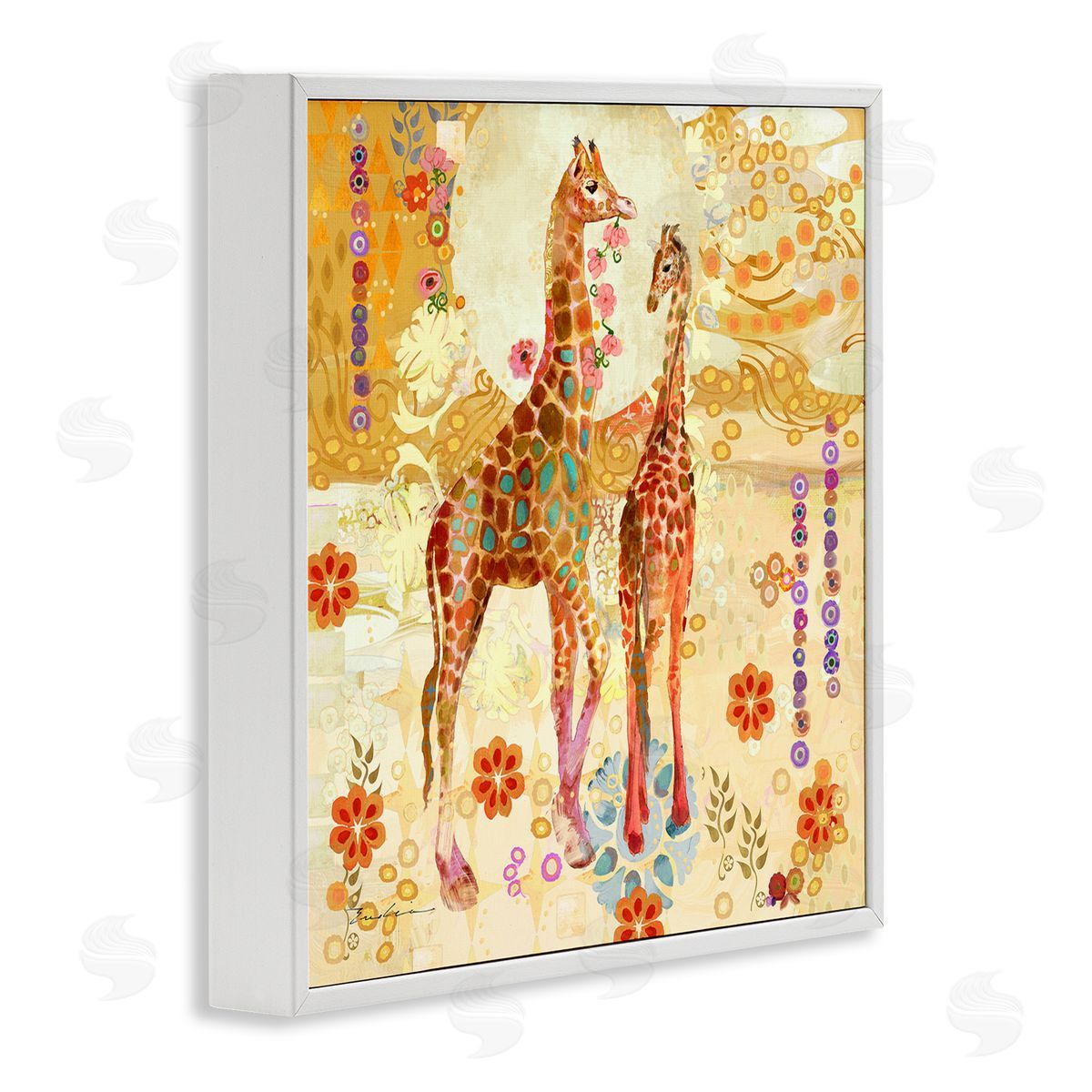 Evelia Designs Floral Patterned Giraffes White Framed Giclee Wall Artside_