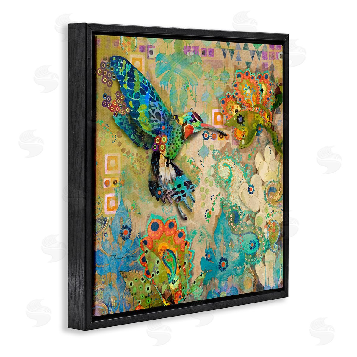 Evelia Designs Boho Hummingbird Pattern Black Floater Frame Canvas Artside_