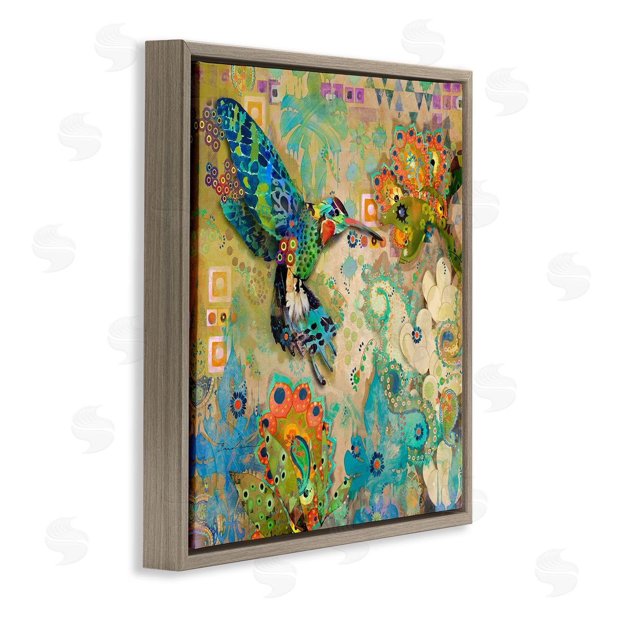 Evelia Designs Boho Hummingbird Pattern Brown Floater Frame Canvas Artside_