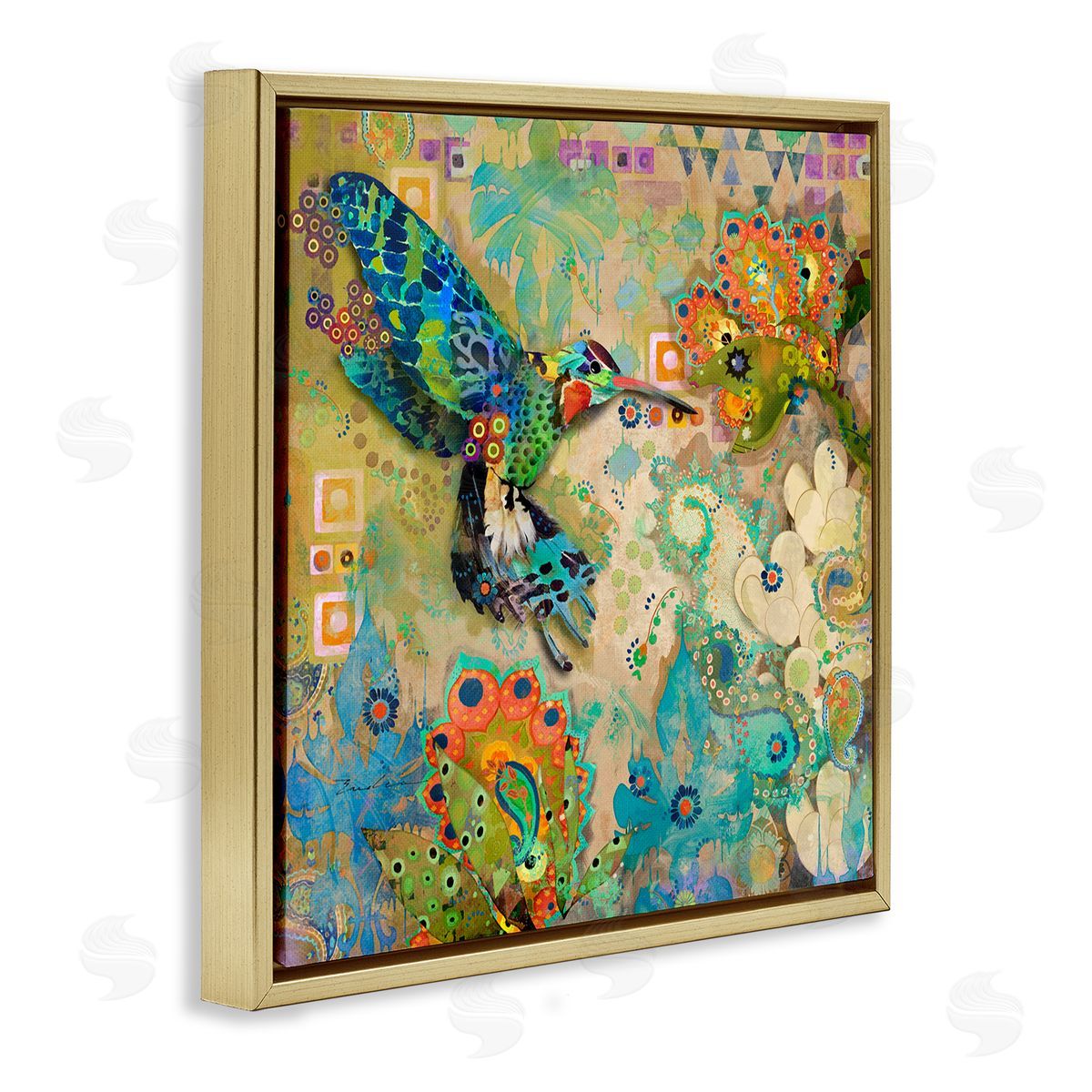 Evelia Designs Boho Hummingbird Pattern Gold Floater Frame Canvas Artside_