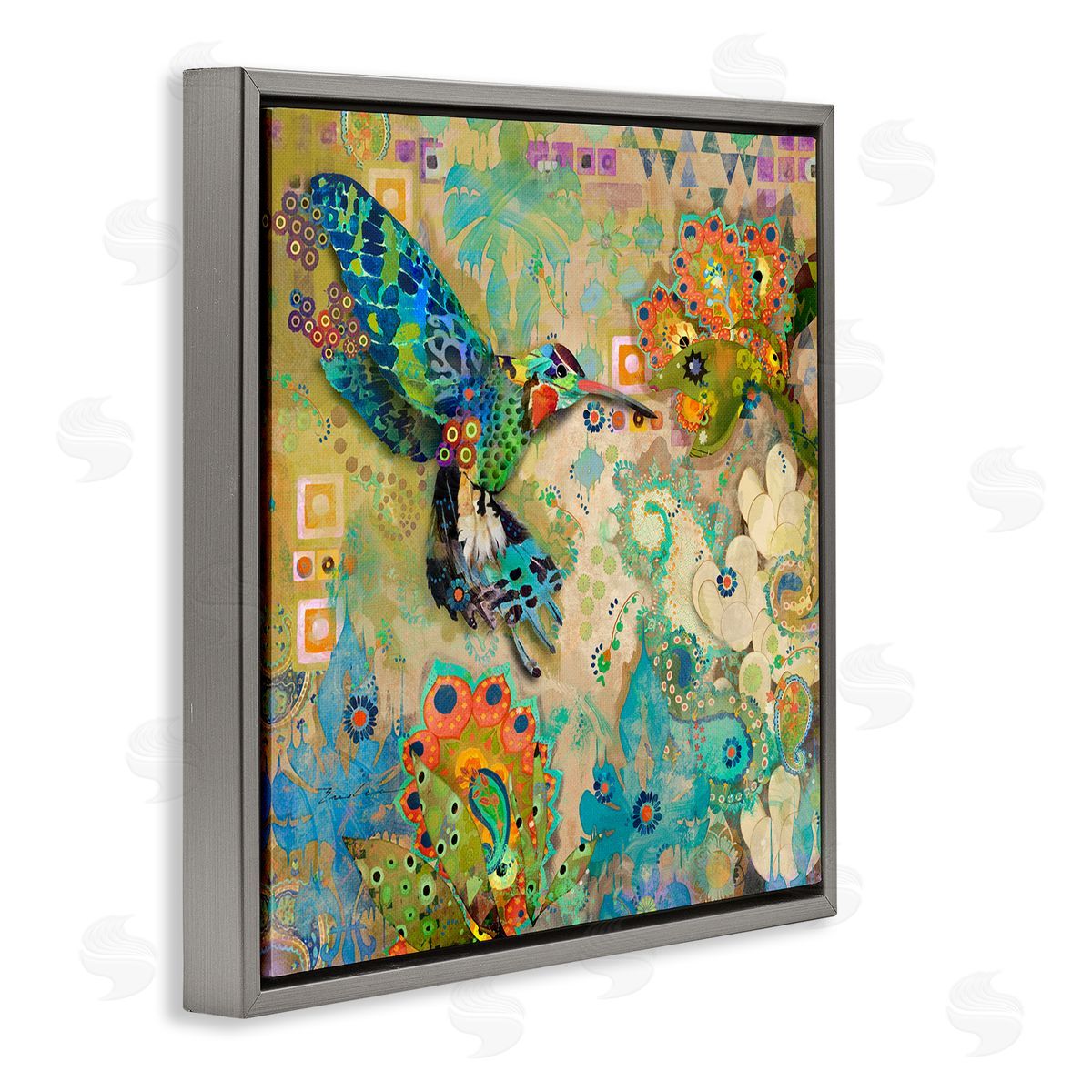 Evelia Designs Boho Hummingbird Pattern Gray Floater Frame Canvas Artside_