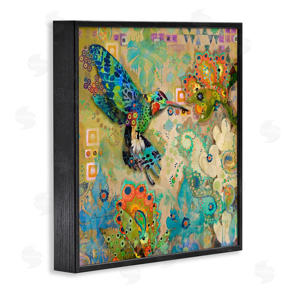 Evelia Designs Boho Hummingbird Pattern Black Framed Giclee Wall Artside_