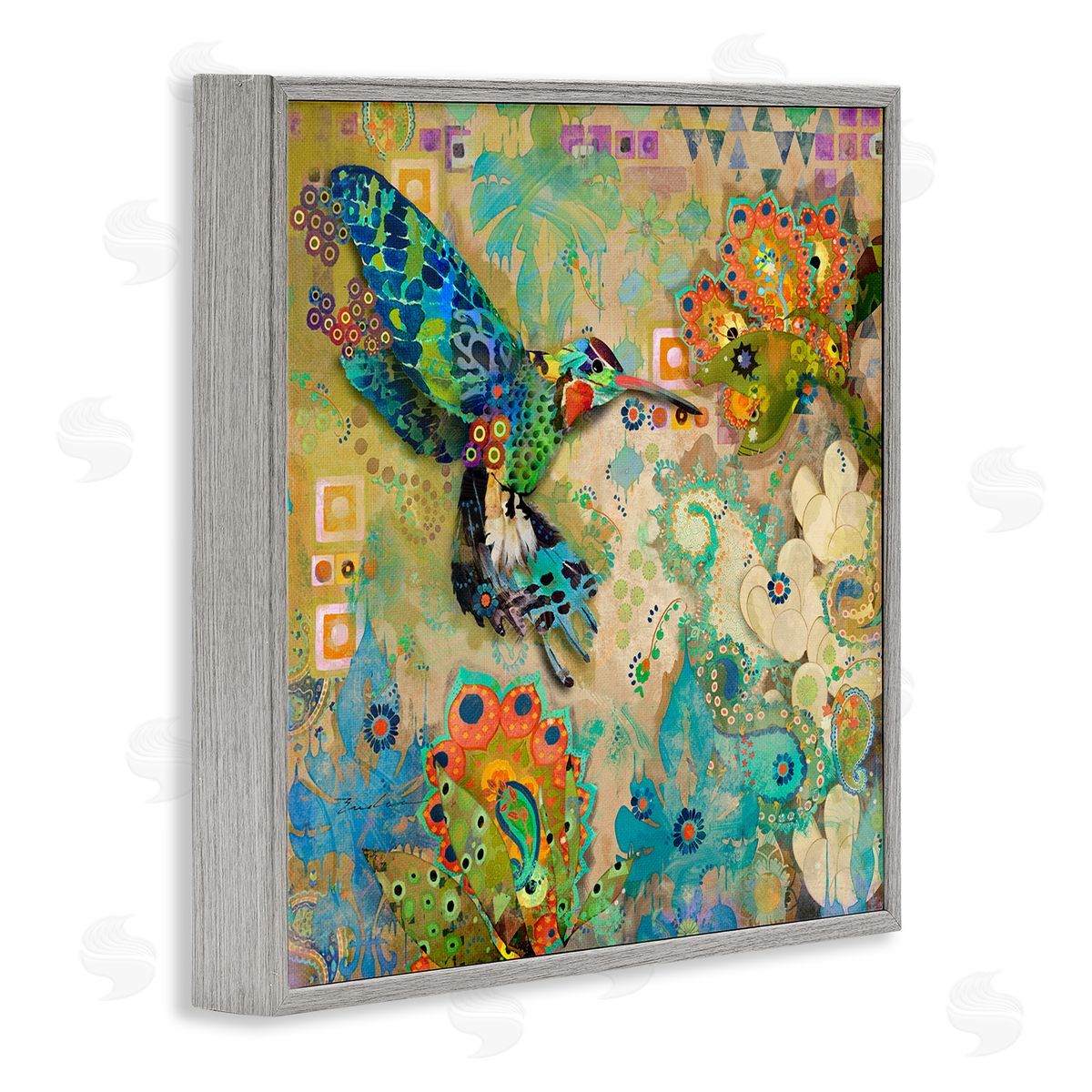 Evelia Designs Boho Hummingbird Pattern Gray Framed Giclee Wall Artside_