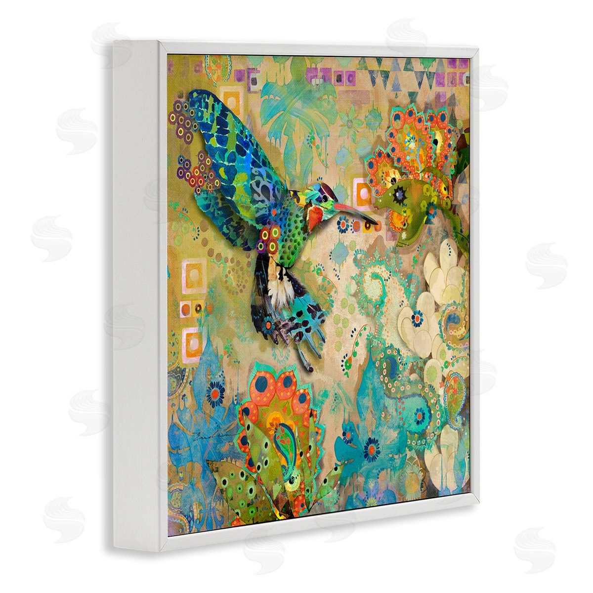 Evelia Designs Boho Hummingbird Pattern White Framed Giclee Wall Artside_