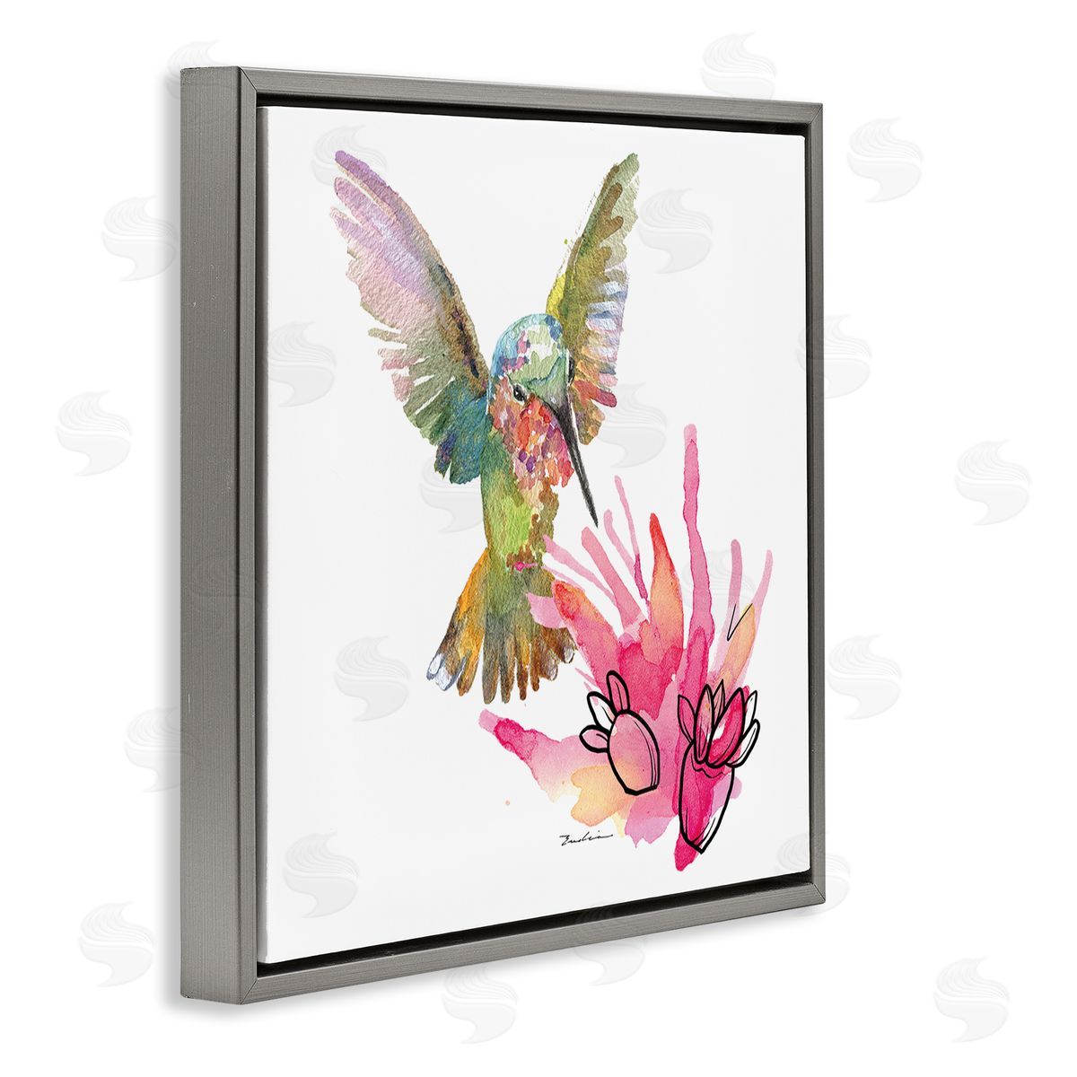 Evelia Designs Desert Hummingbird Watercolor Gray Floater Frame Canvas Artside_