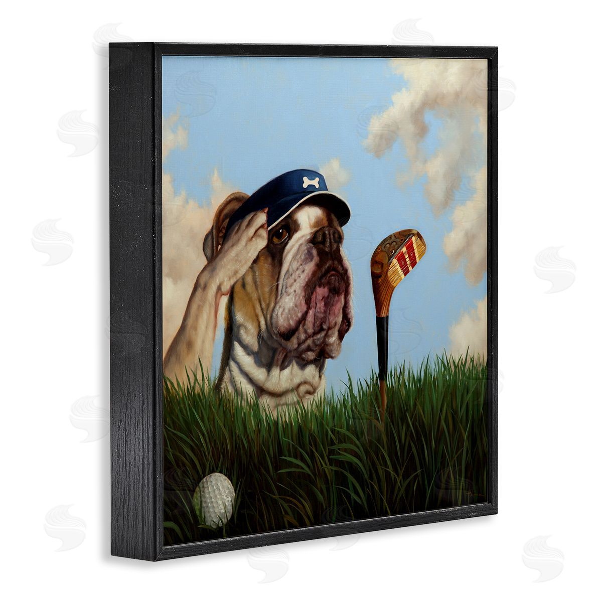 Lucia Heffernan Bulldog Golfing Illustration Black Framed Giclee Wall Artside_