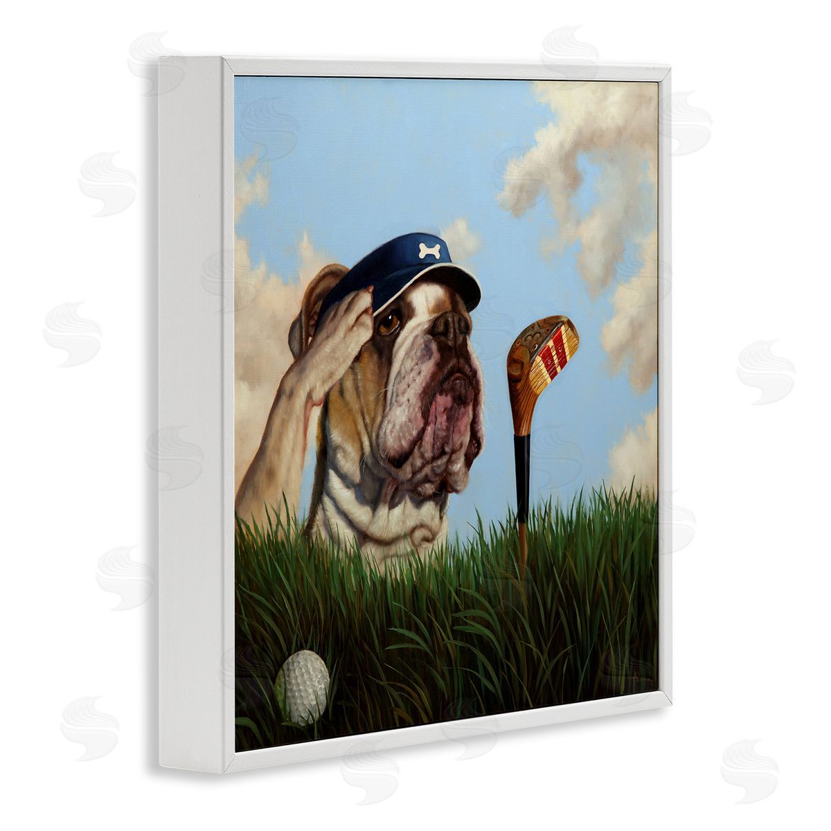 Lucia Heffernan Bulldog Golfing Illustration White Framed Giclee Wall Artside_